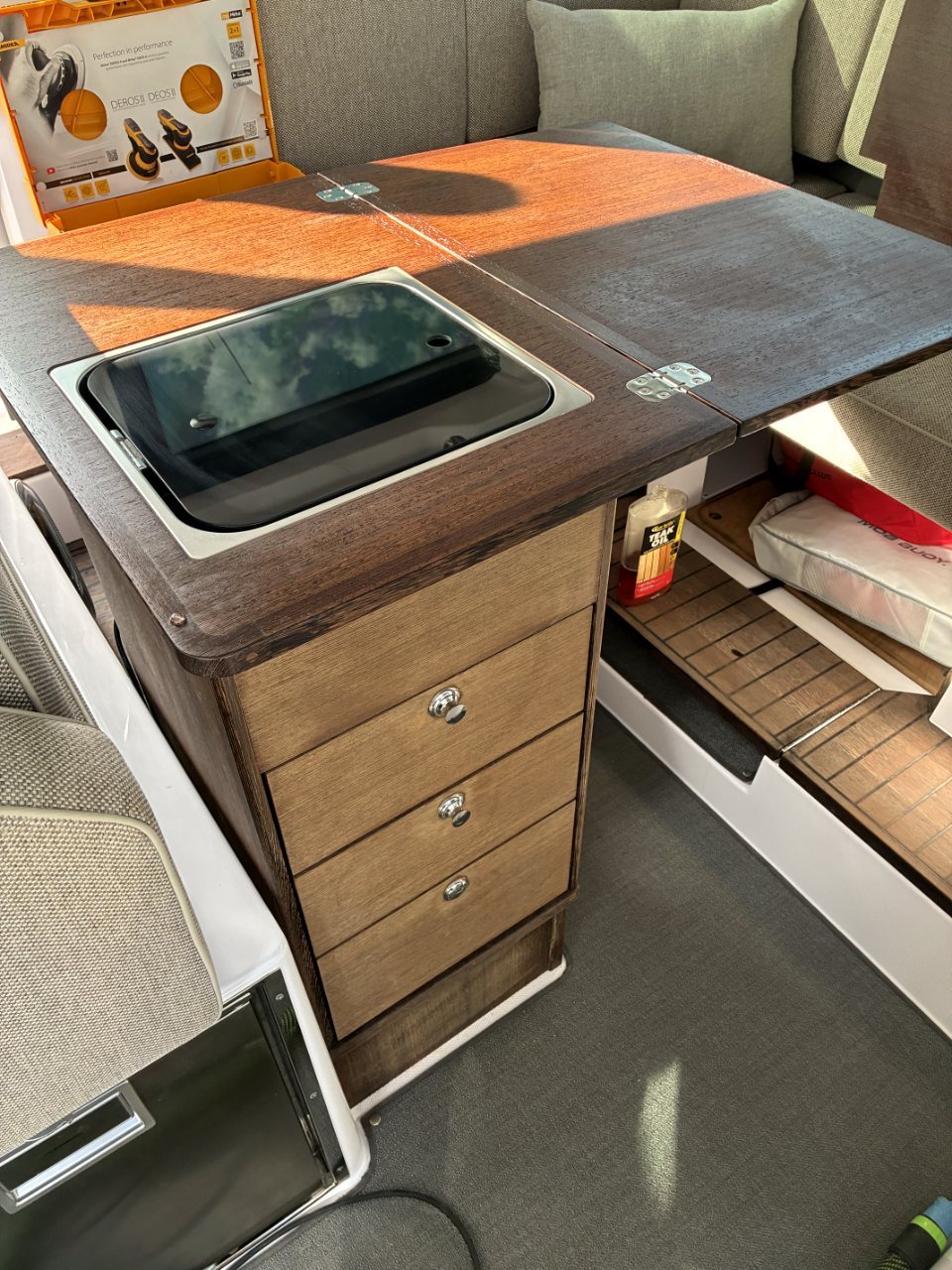 Worktop and inset hatch, freshly oiled